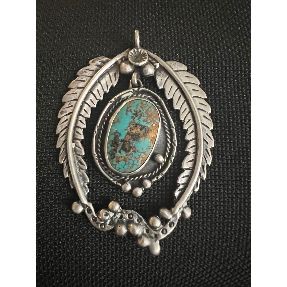 Vtg Southwestern SterliSilver Turquoise Leaf Wreath Pendant Large 3.25in Western